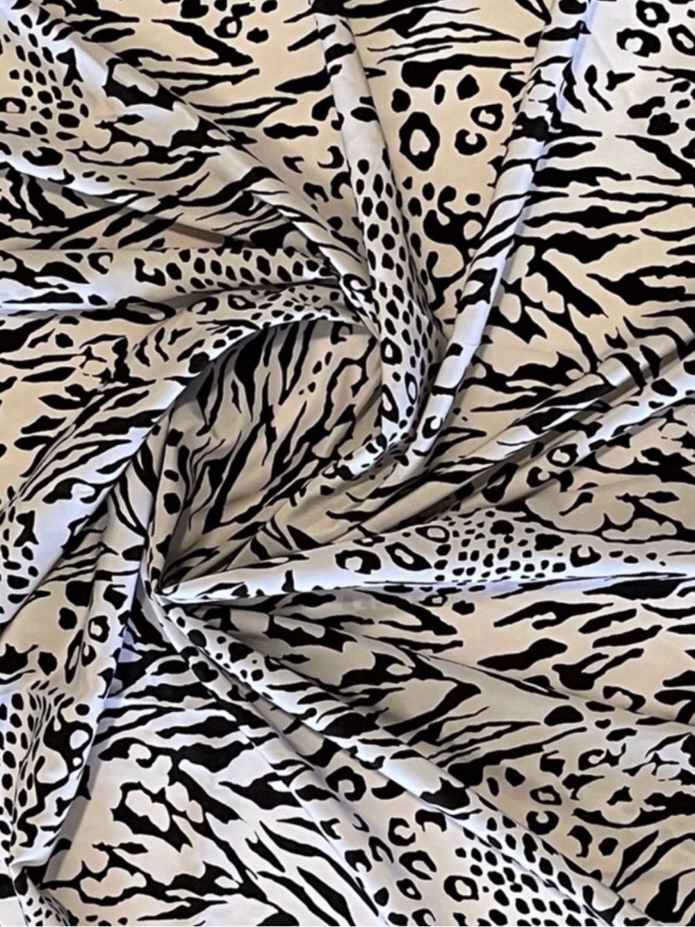 Black and White Poly Print Animal Print Satin Fabric